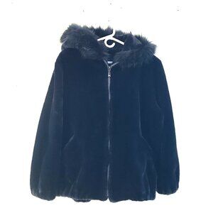 Olympia faux fur coat blue hood women's L full zip winter coat luxury whimsy